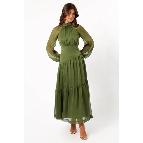 NEW Petal & Pup Julip Green Long Puff Sleeve Mock Neck Mesh Tiered Maxi Dress XS - Picture 1 of 6